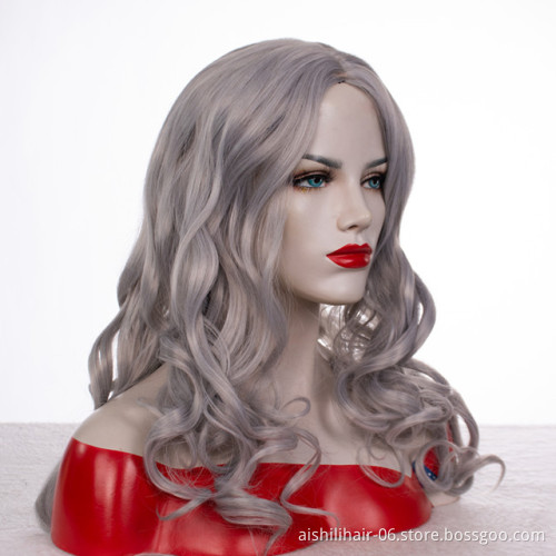 Wholesale heat resistant long  silvery with gray color  water wave wig  synthetic hair wig for women